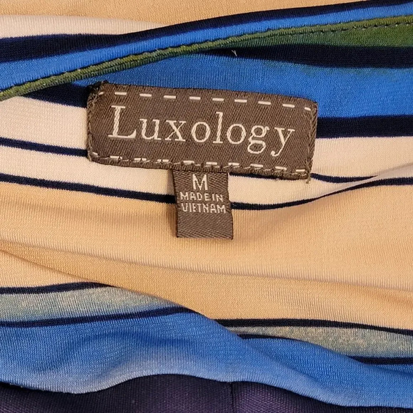 LUXOLOGY Women's Split V Neck Sleeveless Striped Shift Dress Size Medium Blue - Picture 8 of 16